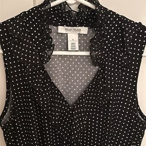 White House Black Market ruffle front V-neck black-& white polkadot top, size S